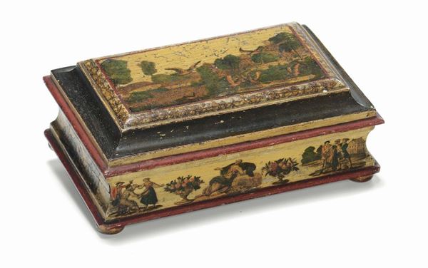 Cofanetto da tavolo in legno laccato su fondo color crema. Venezia XVIII secolo