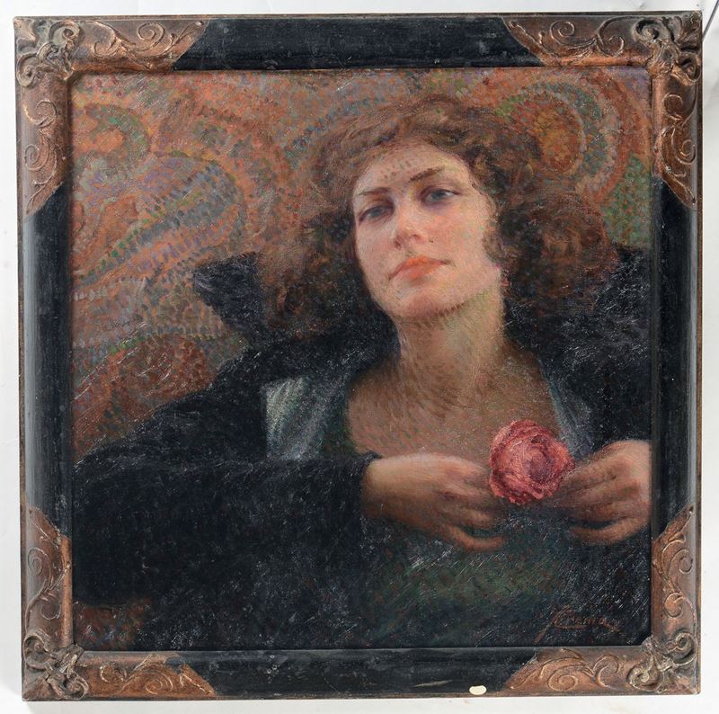 Giovanni Battista Crema (1883 - 1964) Ritratto femminile con rosa  - Asta Dipinti del XIX e XX secolo - Cambi Casa d'Aste