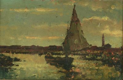 Giuseppe Ciardi (1875 - 1932), Attribuito Alaguna con Veliero