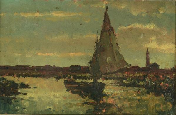 Giuseppe Ciardi (1875 - 1932), attribuito a Laguna con veliero