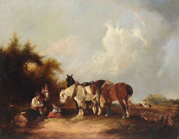 Anonimo del XIX secolo Contadini a riposo con cavalli