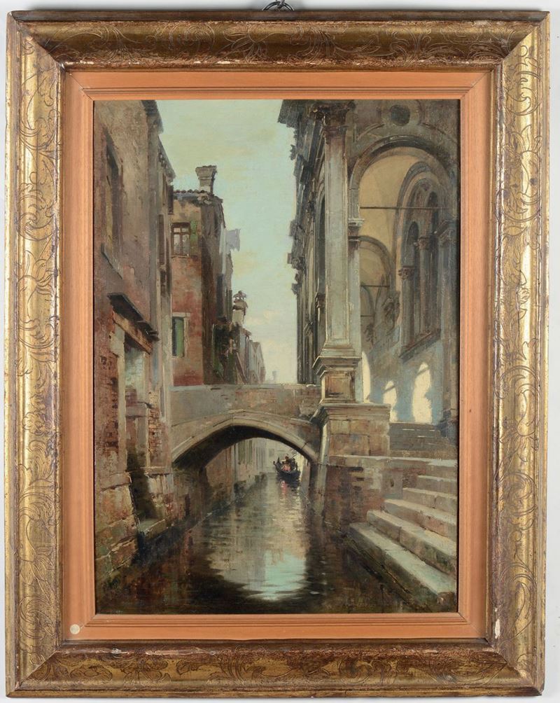 Angelo Dall'Oca Bianca (1858-1952), seguace di Veduta di canale veneziano  - Asta Dipinti del XIX e XX secolo - Cambi Casa d'Aste