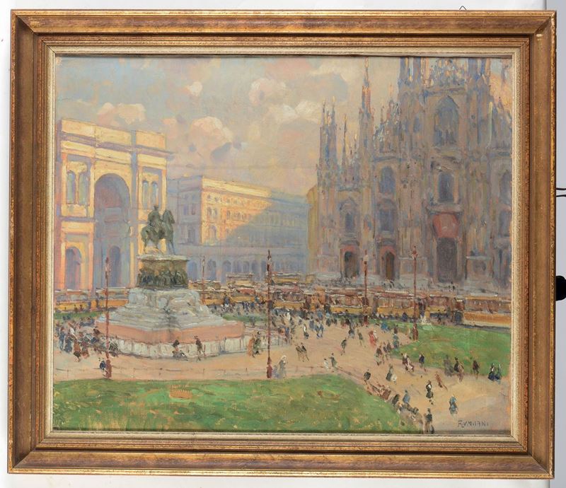Ugo Flumiani (1876-1938) Piazza del Duomo a Milano  - Asta Dipinti del XIX e XX secolo - Cambi Casa d'Aste