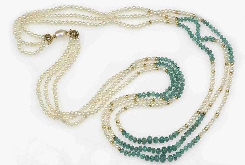 Collana con perline e smeraldi  - Asta Antiquariato - Cambi Casa d'Aste