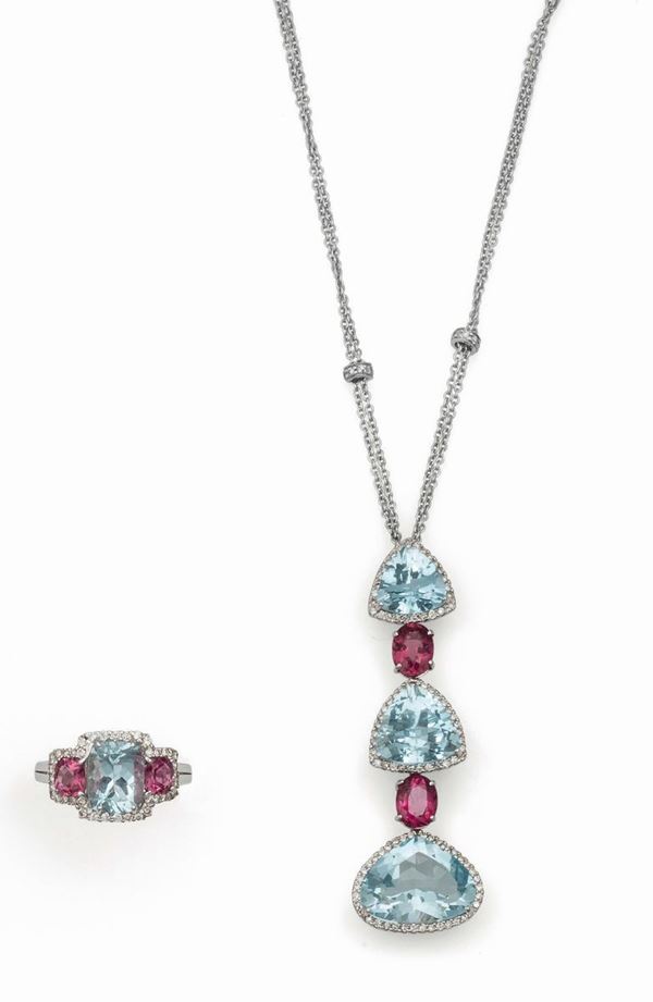 A group including an aquamarine, tourmaline and diamond necklace and a ring