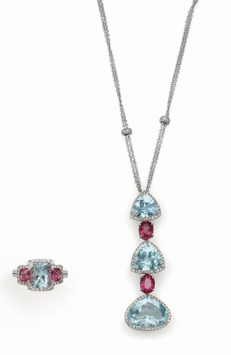 A group including an aquamarine, tourmaline and diamond necklace and a ring  - Auction Jewels - II - Cambi Casa d'Aste