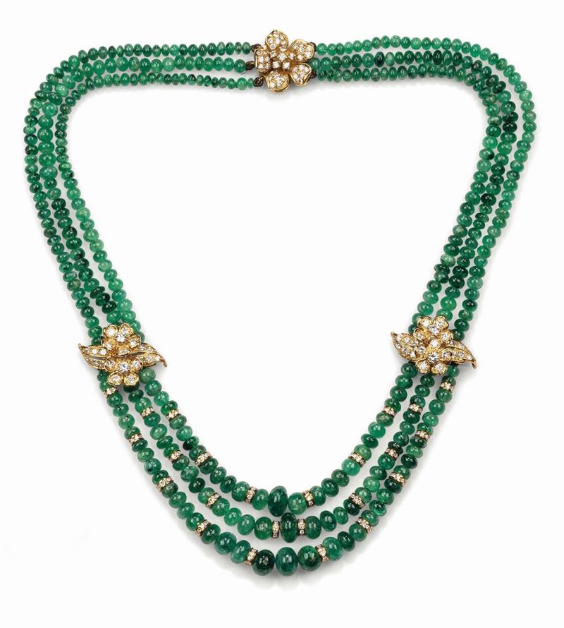 Emerald, gold and diamond necklace, signed Cusi. Fitted case  - Auction Fine Jewels - Cambi Casa d'Aste