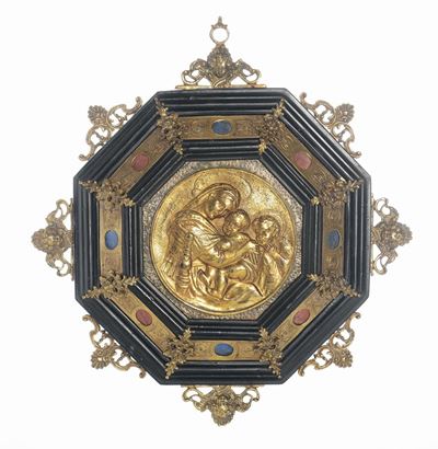 Cornice Ottagonale con Bronzi, Pietre Dure e Placca in Bronzo Dorato, XIX Secolo