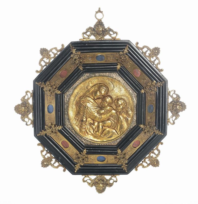 Cornice ottagonale con bronzi, pietre dure e placca in bronzo dorato, XIX secolo  - Auction Fine Art - Cambi Casa d'Aste