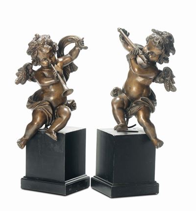 Coppia di Putti Musicanti in Bronzo, Roma XIX-XX Secolo