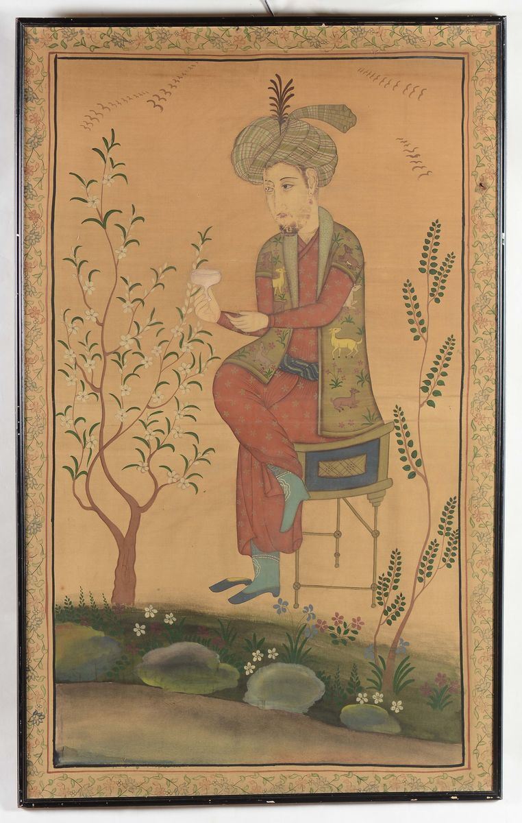 Pannello raffigurante Maraja seduto, India (?)  - Asta Antiquariato - Cambi Casa d'Aste