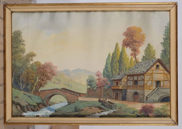 Anonimo del XIX secolo Paesaggio con casa e ponte