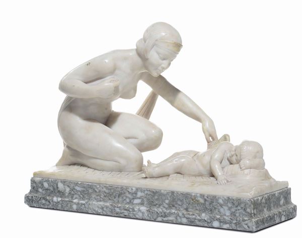 Gruppo in marmo bianco raffigurante Amore e Venere, XIX secolo