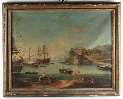 Carlo Bonavia (attivo 1755-1788), Attribuito Acoppia di Marine con Navi e Figure