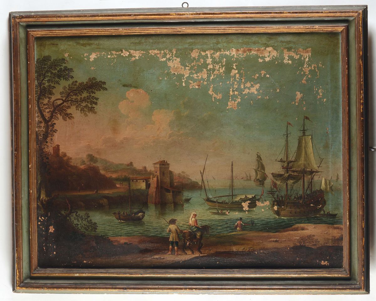 Carlo Bonavia (attivo 1755-1788), Attribuito Acoppia di Marine con Navi e Figure