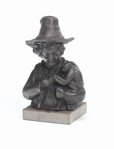 Bustino in Bronzo di Bimbo con Scimmia, XIX-XX Secolo