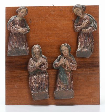 Quattro Piccole Sculture in Legno Policromo Raffiguranti Sante, XIX Secolo