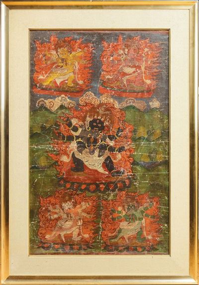 Tanka su Carta a Fondo Verde Raffigurante Cinque Mahakala, Tibet, XIX Secolo