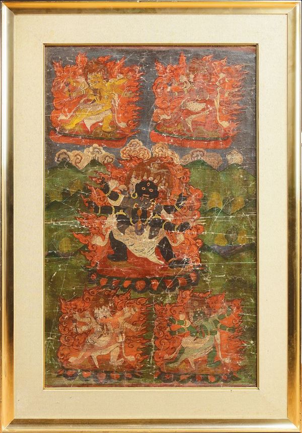 Tanka su carta a fondo verde raffigurante cinque Mahakala, Tibet, XIX secolo