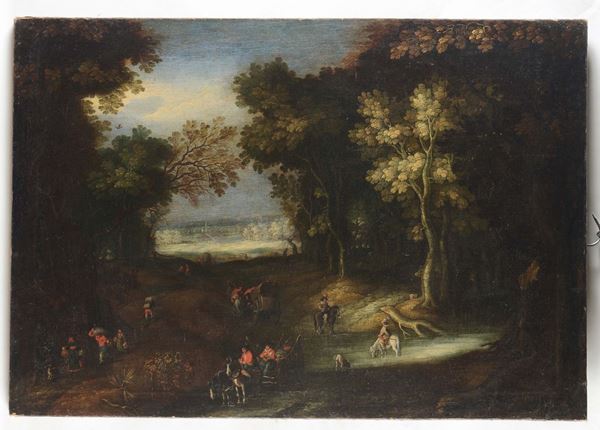 Scuola Fiamminga del XVIII secolo Paesaggio boschivo con personaggi