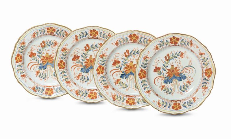 Quattro piatti in maiolica policroma, Fermiani XIX secolo  - Auction Fine Art - Cambi Casa d'Aste