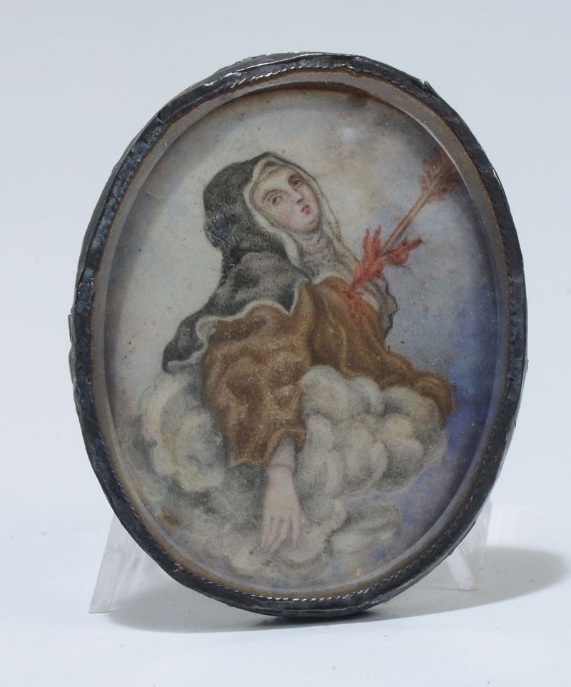 Reliquiario ovale in metallo argentato con miniatura di Santa, XIX secolo  - Asta Antiquariato - Cambi Casa d'Aste