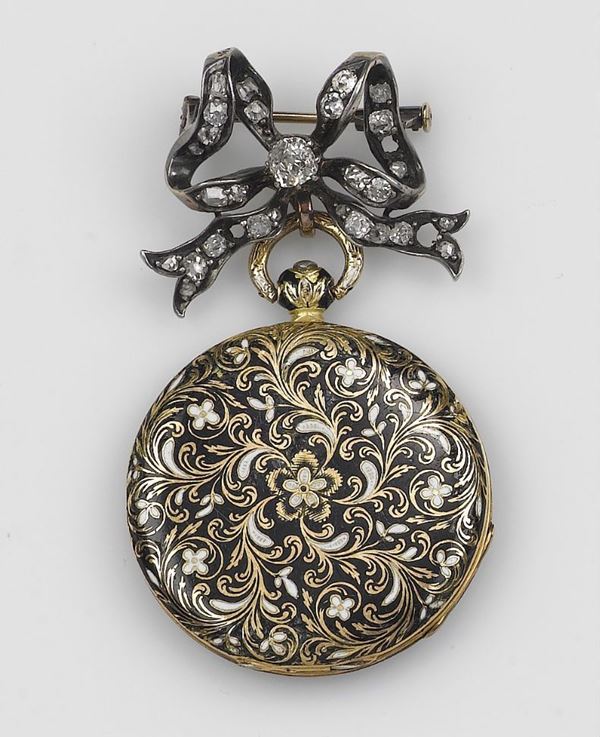 An enamel and old-cut diamond pocket watch
