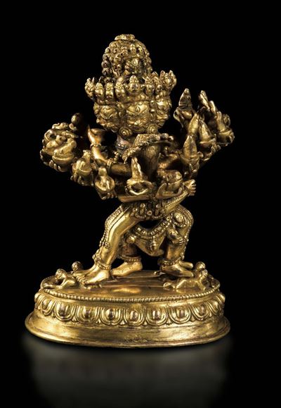 Figura di Cakrasamvara in Yab Yum in Bronzo Dorato, Tibet, XVIII Secolo