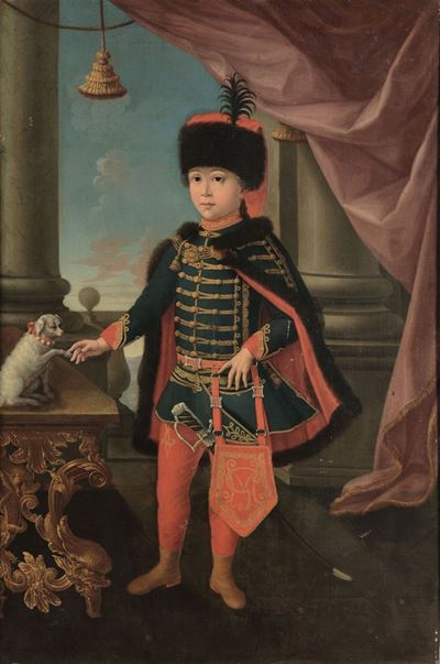 Pittore Italiano del XVIII Secolofanciullo in Uniforme con Cagnolino