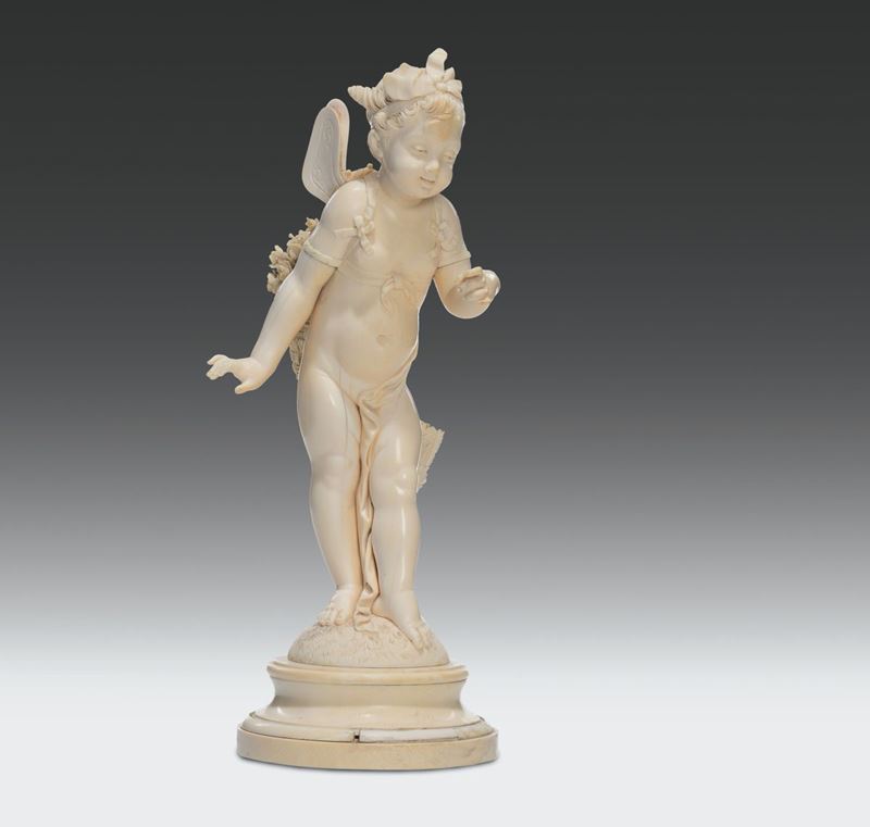 Raffinata scultura neoclassica in avorio raffigurante Cupido, Francia inizi del XIX secolo, manifattura Barillot, Dieppe  - Asta Scultura e Oggetti d'Arte - Cambi Casa d'Aste