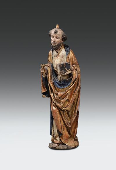 Scultura in Legno Policromo e Dorato, Rappresentante San Pietro, Scuola di Ulm, XV Secolo