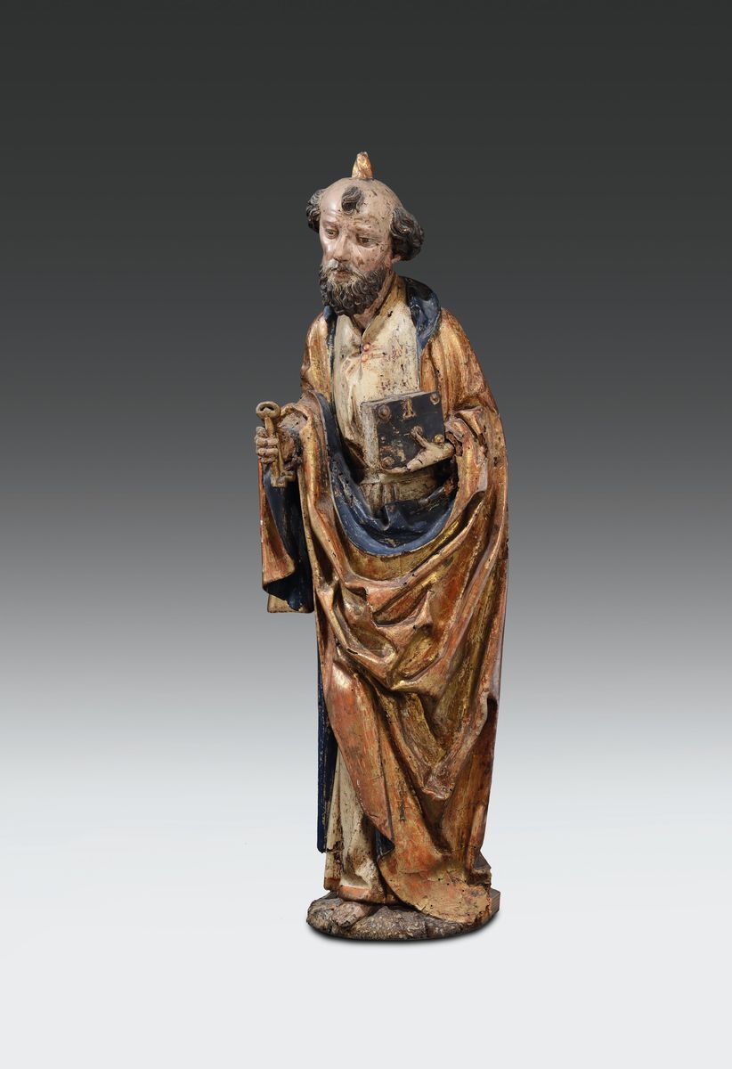 Scultura in Legno Policromo e Dorato, Rappresentante San Pietro, Scuola di Ulm, XV Secolo