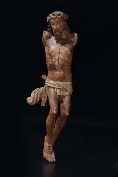 Scultura in Legno Dipinto Rappresentante Cristo Crocifisso, Scuola Dell’arco Alpino, XVI-XVII Sec...