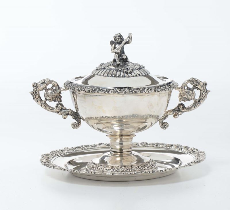 Zuccheriera con sotto piatto in argento, Milano XIX secolo  - Asta Antiquariato - Cambi Casa d'Aste