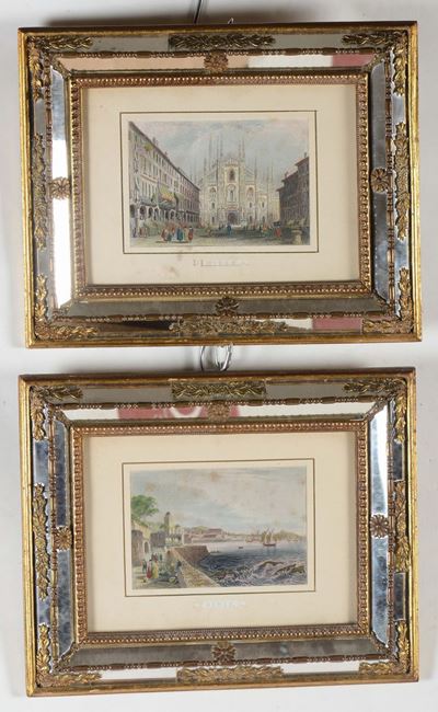 Coppia di Litografie Acquarellate Raffigurante Veduta di Genova e di Milano, XIX Secolo