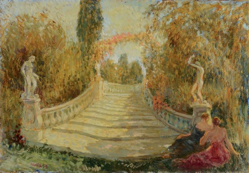 Domingo Motta (1872 - 1962) Scalinata in giardino, 1939  - Asta Dipinti del XIX e XX secolo - Cambi Casa d'Aste