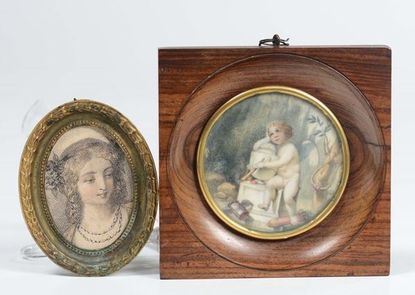 Miniatura su avorio raffigurante Amore, sigla R.P.