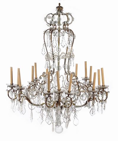 Grande Lampadario a Quindici Luci in Metallo e Cristalli, XIX Secolo