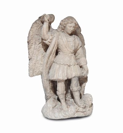 Scultura in Marmo Bianco Rappresentante L’arcangelo Gabriele, Area Adriatica del Sud Italia, XVI-...
