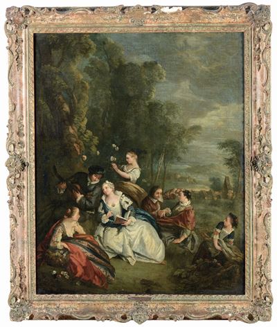 Peter Jacob Horemans (anversa 1700 - Monaco 1776)boschetto con Personaggi Lungo il Fiume