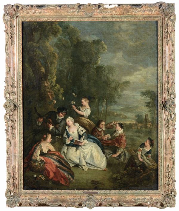 Peter Jacob Horemans (Anversa 1700 - Monaco 1776) Boschetto con personaggi lungo il fiume