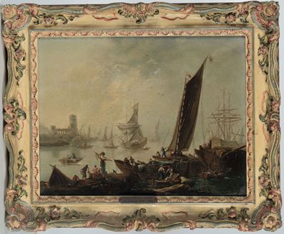 Jean Baptiste Pillement (lyon 1728-1808)scena di Porto con Velieri