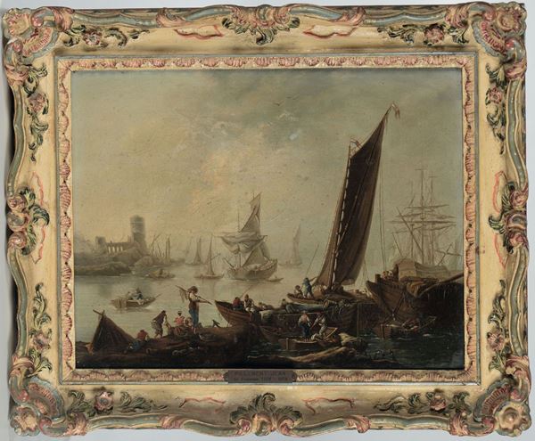 Jean Baptiste Pillement (Lyon 1728-1808) Scena di porto con velieri