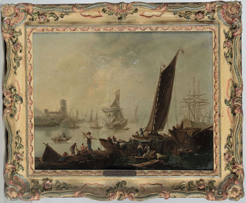 Jean Baptiste Pillement (Lyon 1728-1808) Scena di porto con velieri  - Asta Dipinti Antichi - Cambi Casa d'Aste