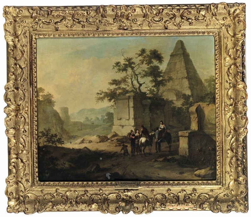 Hendrick Verschuring (Gorinchem 1627-1690) Capriccio con cavalieri e piramide  - Asta Dipinti Antichi - Cambi Casa d'Aste