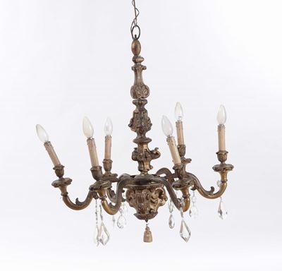 Lampadario a Sei Luci in Legno Dorato e Cristalli, XIX Secolo