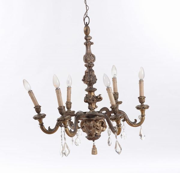 Lampadario a sei luci in legno dorato e cristalli, XIX secolo