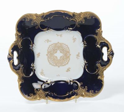 Vassoio in Porcellana Smaltata Blu e Oro, XX Secolo