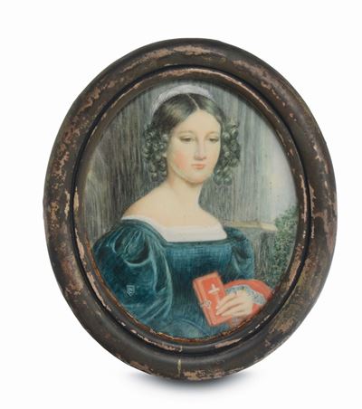 Due Miniature Raffiguranti Estasi di Santa e Donna con Libro Siglata LV, XIX Secolo