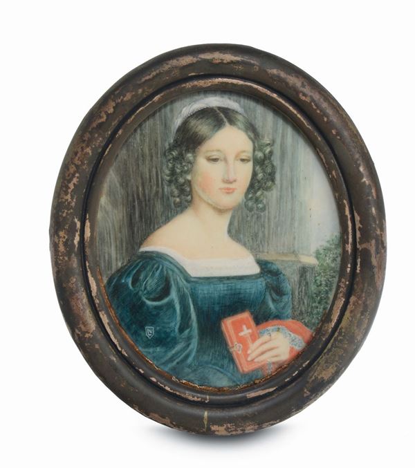 Due miniature raffiguranti estasi di Santa e donna con libro siglata LV, XIX secolo